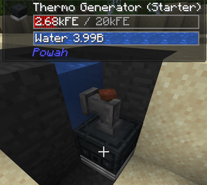 A faucet from the mod Supplementaries is open on top of a Thermo generator facing into a water source block.